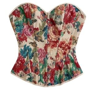 Floral Tapestry Corset Top Lace Up Back Sweetheart Bustier Vintage Style Large